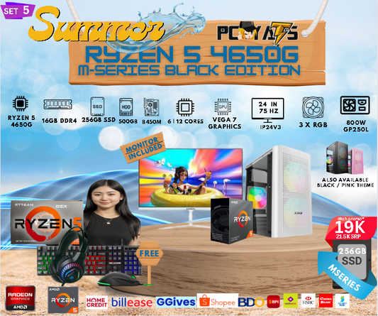M Series Set 5: Ryzen 5 Pro 4650G (6 cores) with 16GB Ram + 24 inches White Monitor Complete Set
