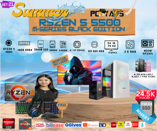 M-Series Set 21: Ryzen 5 5500 + RX 550 4GB Discrete Graphics with 16GB Ram + 24 inches Monitor WHITE Complete Set