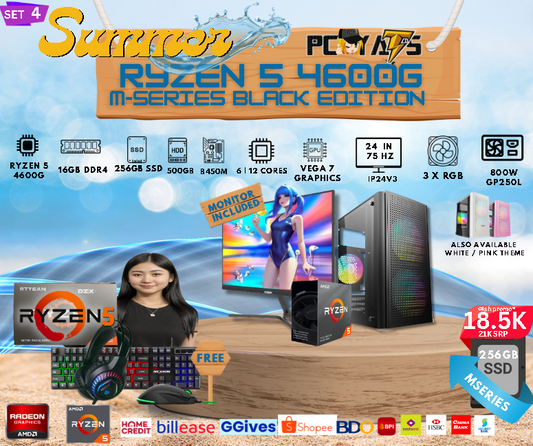 M-Series Set 4: Ryzen 5 4600G (6 cores) with 16GB Ram + 24 inches Monitor BLACK Complete Set