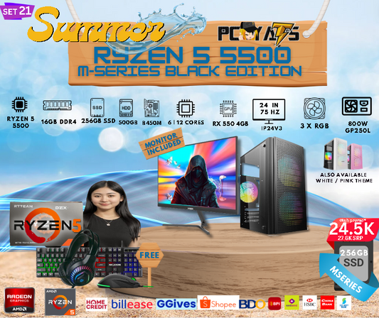 M Series Set 21: Ryzen 5 5500 + RX 550 4GB Discrete Graphics with 16GB Ram + 24 inches Monitor BLACK Complete Set