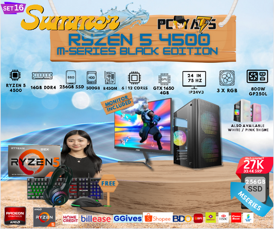 M-Series Set 16: Ryzen 5 4500 + GTX 1650 4GB Discrete Graphics with 16GB Ram + 24 inches Monitor BLACK Complete Set