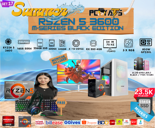 M-Series Set 17: Ryzen 5 3600 + RX 550 4GB Discrete Graphics with 16GB Ram + 24 inches Monitor WHITE Complete Set
