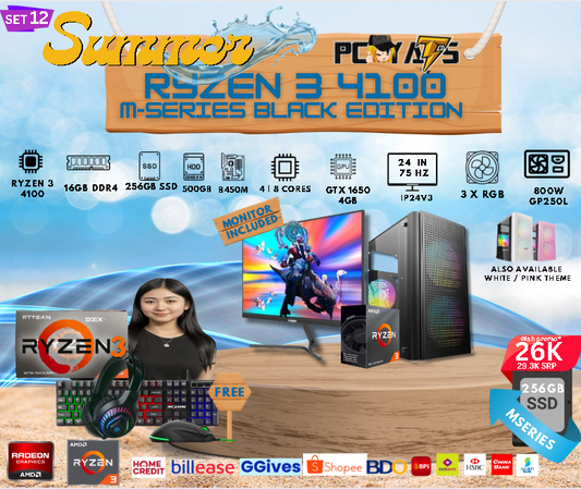 M Series Set 12: Ryzen 3 4100 + GTX 1650 4GB Discrete Graphics with 16GB Ram + 24 inches Monitor BLACK Complete Set