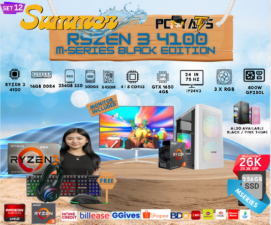 M Series Set 12: Ryzen 3 4100 + GTX 1650GB Discrete Graphics with 16GB Ram + 24 inches Monitor WHITE Complete Set