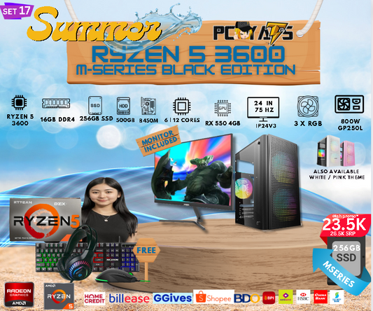 M-Series Set 17: Ryzen 5 3600 + RX 550 4GB Discrete Graphics with 16GB Ram + 24 inches Monitor Complete Set