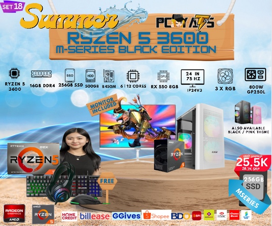 M-Series Set 18: Ryzen 5 3600 + RX 580 8GB Discrete Graphics with 16GB Ram + 24 inches Monitor WHITE Complete Set