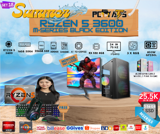 M-Series Set 18: Ryzen 5 3600 + RX 580 8GB Discrete Graphics with 16GB Ram + 24 inches Monitor BLACK Complete Set