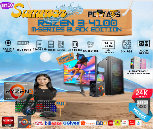 M Series Set 10: Ryzen 3 4100 + RX 580 8GB Discrete Graphics with 16GB Ram + 24 inches BLACK Monitor Complete Set