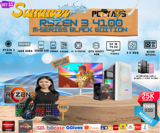 M Series Set 10: Ryzen 3 4100 + RX 580 8GB Discrete Graphics with 16GB Ram + 24 inches Monitor White Complete Set