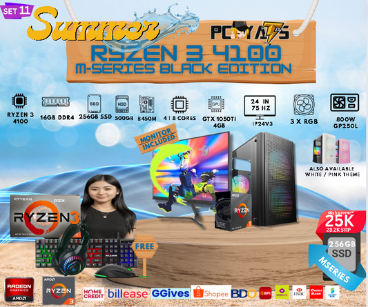 M Series Set 11: Ryzen 3 4100 + GTX 1050Ti 4GB Discrete Graphics with 16GB Ram + 24 inches Monitor BLACK Complete Set