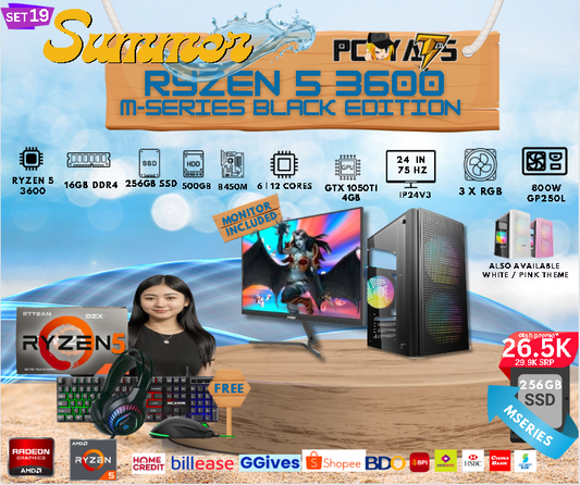 M-Series Set 19: Ryzen 5 3600 + GTX 1050Ti 4GB  Discrete Graphics with 16GB Ram + 24 inches Monitor BLACK Complete Set