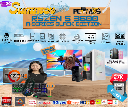 M-Series Set 20: Ryzen 5 3600 + GTX 1650 4GB Discrete Graphics with 16GB Ram + 24 inches Monitor WHITE Complete Set