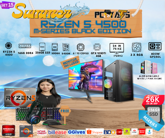 M Series Set 15: Ryzen 5 4500 + GTX 1050ti 4GB Discrete Graphics with 16GB Ram + 24 inches Monitor BLACK Complete Set