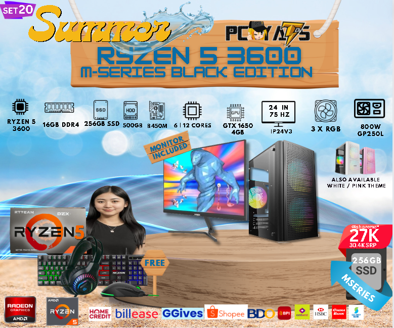 M-Series Set 20: Ryzen 5 3600 + GTX 1650 4GB Discrete Graphics with 16GB Ram + 24 inches Monitor BLACK Complete Set