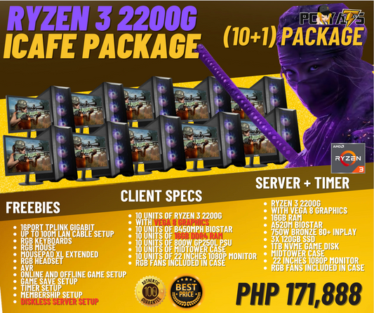 ICAFE PACKAGES PACKAGE 1C: Ryzen 3 2200G (10+1) WITH FREE SERVER AND TIMER CONFIGURATION