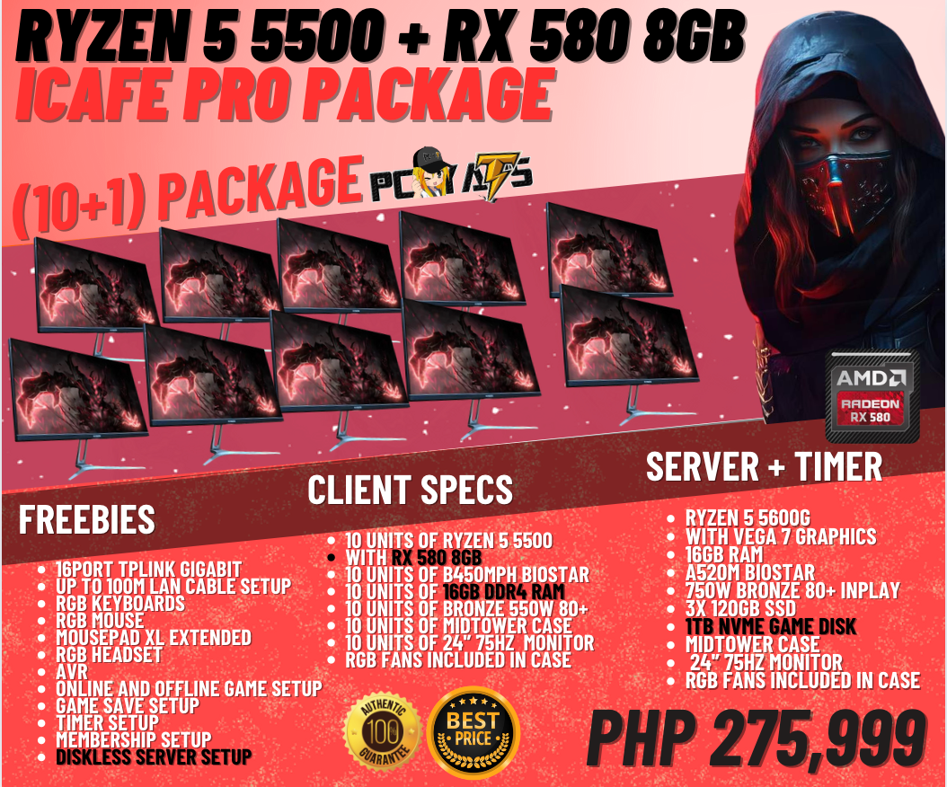 PACKAGE 8C: Ryzen 5 5500 + RX 580 8GB (10+1) WITH FREE SERVER AND TIMER CONFIGURATION