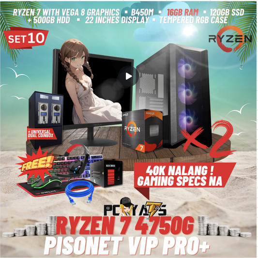 VIP PRO+ PISONET PACKAGE SET 10: RYZEN 7 4750g x2 with DUAL UNIVERSAL COIN BOX ALL-IN PACKAGES