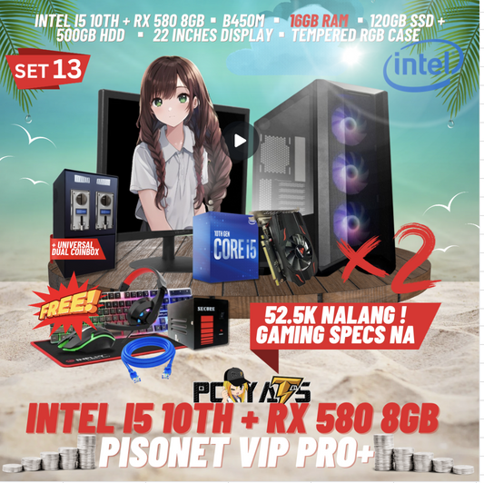 VIP PRO+ PISONET PACKAGE SET 13: INTEL i5 + RX 580 x2 with DUAL UNIVERSAL COIN BOX ALL-IN PACKAGES