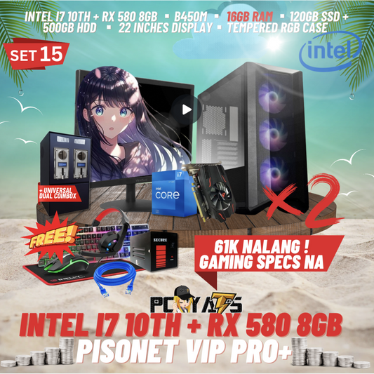 VIP PRO+ PISONET PACKAGE SET 15: INTEL i7 + RX 580 x2 with DUAL UNIVERSAL COIN BOX ALL-IN PACKAGES