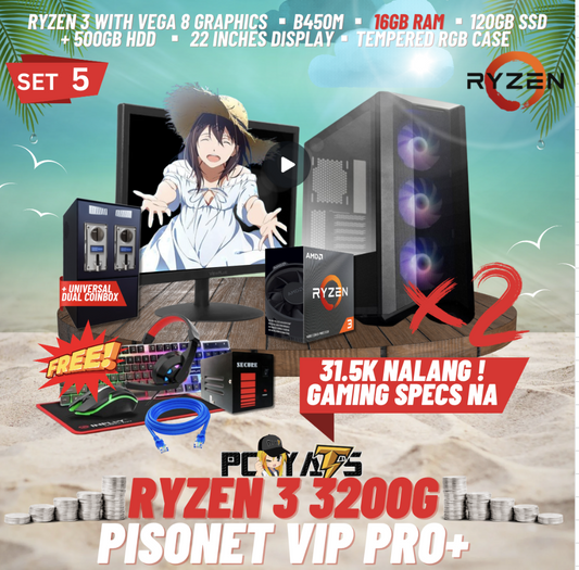 VIP PRO+ PISONET PACKAGE SET 5: RYZEN 3 3200g x2 with DUAL UNIVERSAL COIN BOX ALL-IN PACKAGES