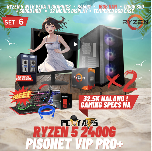 VIP PRO+ PISONET PACKAGE SET 6: RYZEN 5 2400g x2 with DUAL UNIVERSAL COIN BOX ALL-IN PACKAGES