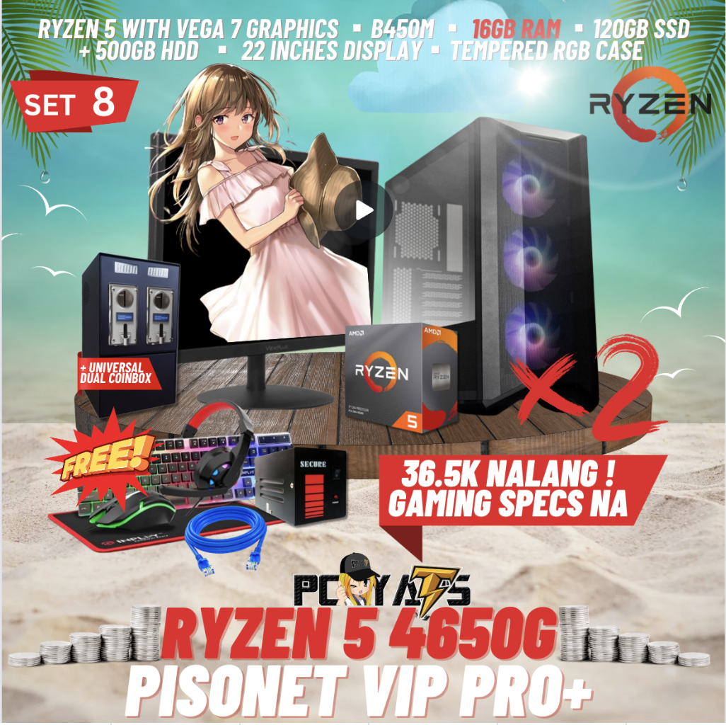 VIP PRO+ PISONET PACKAGE SET 8: RYZEN 5 4650g x2 with DUAL UNIVERSAL COIN BOX ALL-IN PACKAGES